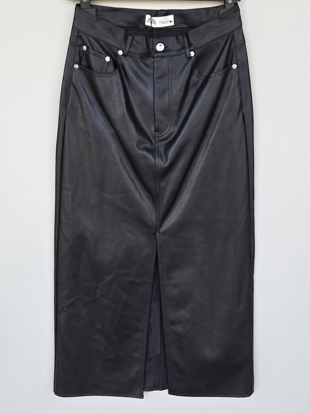 Zara Black Faux Leather Pencil Midi Skirt with Front Slit